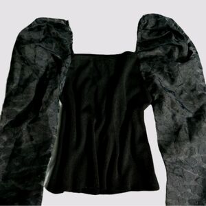 Black Ribbed Top Sheer Puff Long Sleeve Cheetah Spot S/M Square Neck Whimsygoth